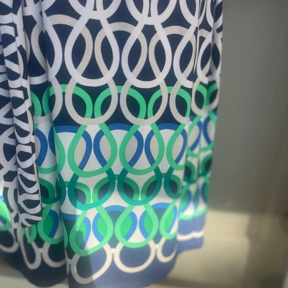 Sandra Darren Navy, Blue & Green Geometric Midi Dress with Belt - Picture 3 of 4